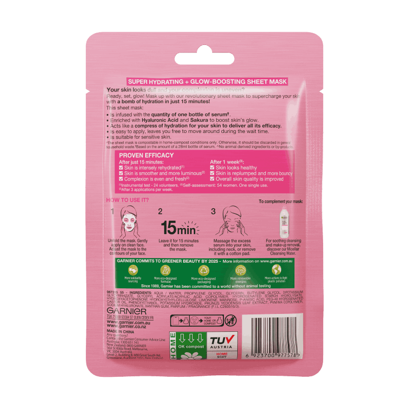Garnier Skin Active Hydra Bomb Sakura Tissue Face Mask, Hydrating And Glow Boosting 28G