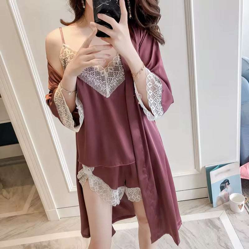 Intimate 3-Piece Satin Nightwear Set with Lace Trim – Camisole, Shorts & Robe