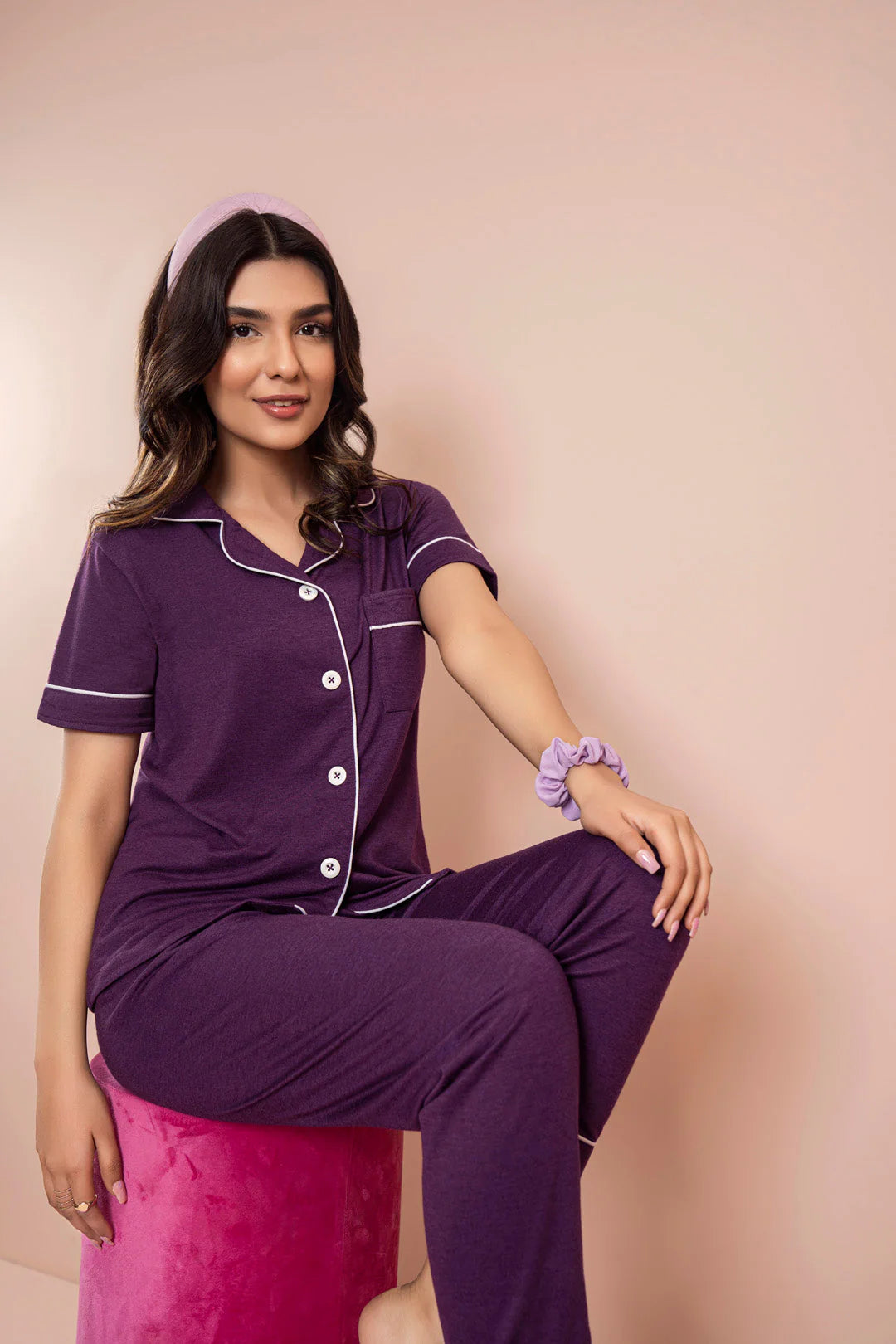 Belleza Lingerie PV Plain With Contrast Piping Pajama Suit - PJS003