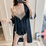 Intimate 3-Piece Satin Nightwear Set with Lace Trim – Camisole, Shorts & Robe